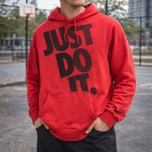 Nike Red Hoodie Just Do It Medium Pullover Swoosh Logo Graphic Sweatshirt